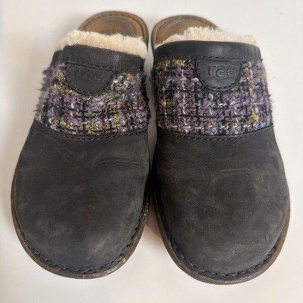 UGG Mules Clogs Slippers Womens Black Leather Shearling Lined Tweed US 8 Fur Y2K